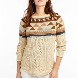 L.L. Bean Women's Cream and Brown Crew Neck Sweater